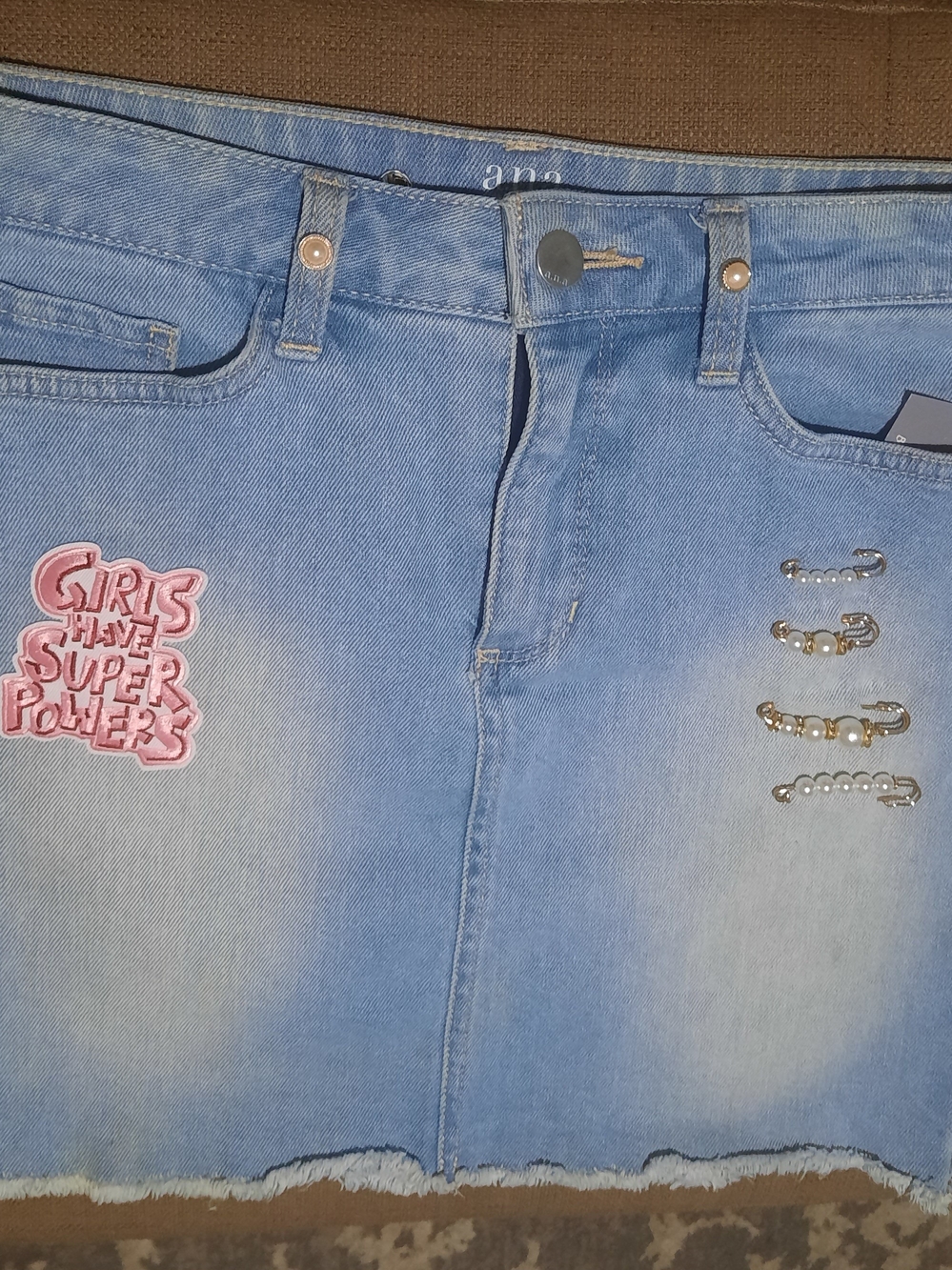 a.n.a Light Blue Denim Mini Skirt with Pink Patch & Pearl Pin Embellishments